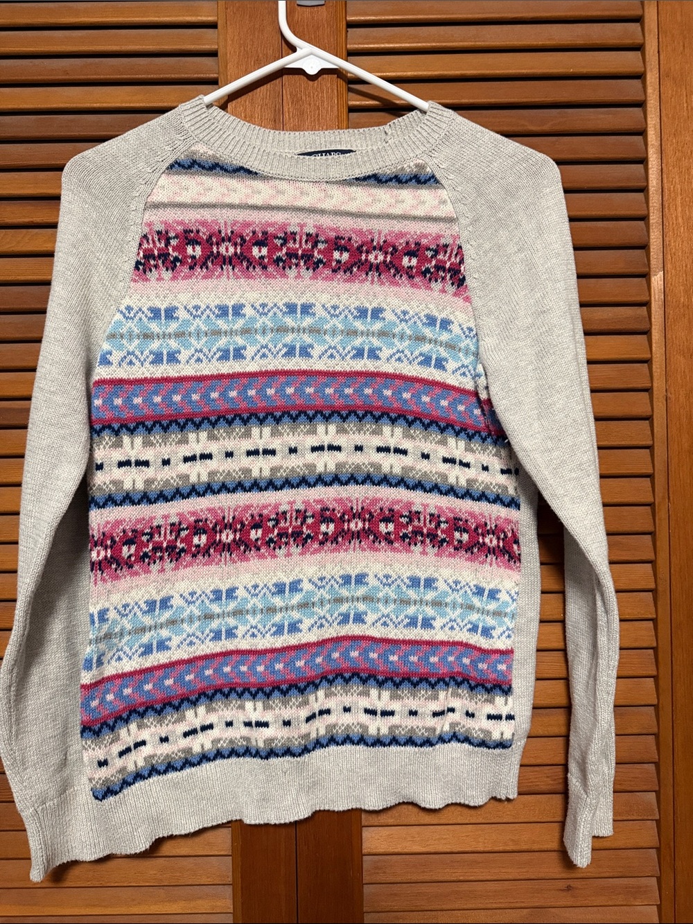 Chaps Tan Crewneck Sweater with Pink & Blue Patterned Front
